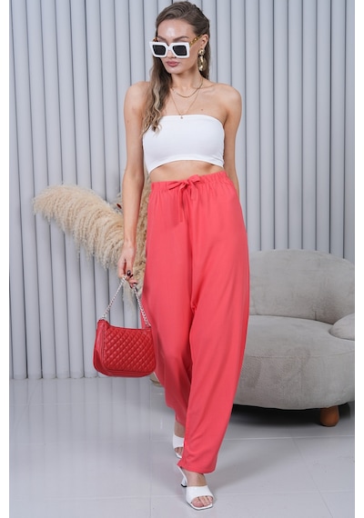 Polologin Butik Beli Bağcıklı Yüksek Bel Bol Paça Mercan Pantolon Kırmızı