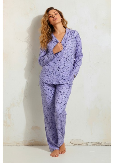 Süet Gömlek Pijama Takımı 7106 Çiçekli Lila LILA