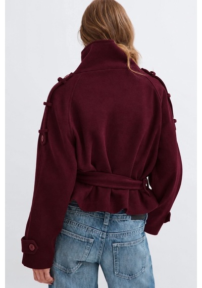 Seeh Kadın Bordo Dik Yaka Kemerli Kısa Kaşe Kaban Sh398 Standart