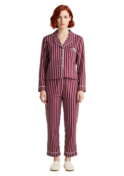 Ersefa Kadın Gömlek Yaka Çizgili Pamuklu Pijama Takımı Penguen Detaylı F Kırmızı