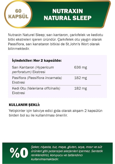 Nutraxin Naturel Sleep 60 Kapsül - Sarı Kantaron, Pasiflora, Kedi Otu