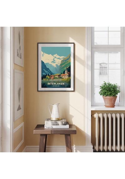Interlaken İsviçre Seyahat Posteri Vintage Alp Duvar Sanatı