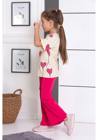Tunays Shopping İspanyol Paça Tayt Pantolon Kalp Baskılı Oversize Tshirt Kız Çocuk Alt Üst Takım Fuşya