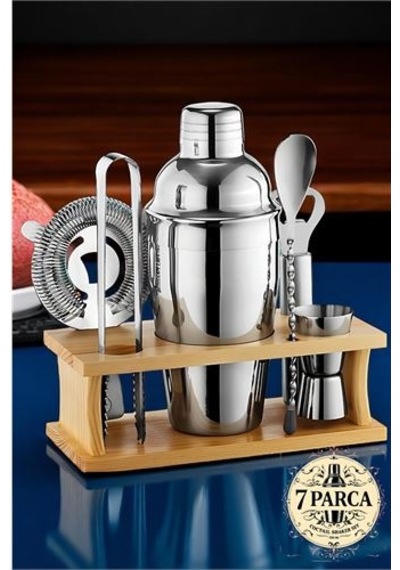 Shaker Kokteyl Set - 7 Parça 550 Ml Shaker Coctail Set Bambu Standlı