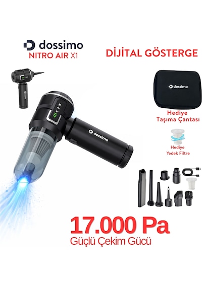 Nitro X1 Kablosuz Araç İçi Süpürge Güçlü Vakum Hava Pompası Dijital Gösterge Çanta  Siyah Gri