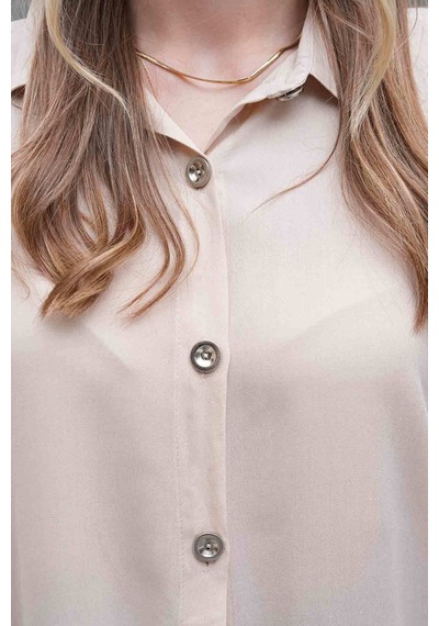 Polologin Butik Dökümlü Uzun Bej Gömlek Ekru