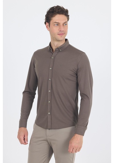 İmza Koyu Haki İtalyan Düğmeli Yaka Uzunkol Cepsiz Slim Fit Gömlek 1004250254 Koyu Haki