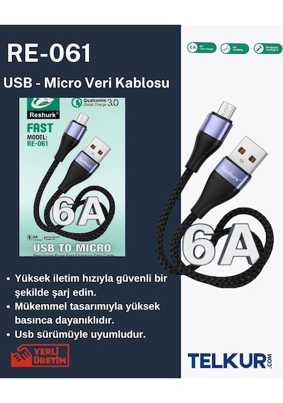 Ferro Reshurk Re-061 Usb-c & Micro Metal Uclu 1000cm 6a Hasır Data - Şarj Kablosu