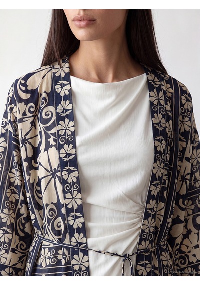 Lcw Everyday Mavi Şal Yaka Desenli Beli Kuşaklı Kadın Kimono