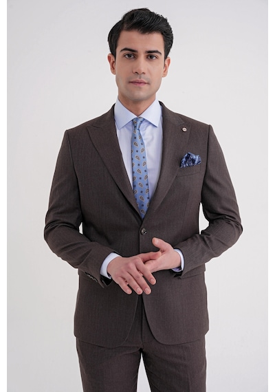 Efor Slim Fit Çift Yırtmaç Sivri Yaka Esnek Kahverengi Klasik Takım Elbise Tk 939 Kahverengi