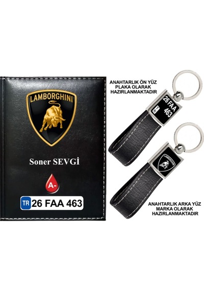 Plakanıza Özel Lamborghını Logolu Siyah Ruhsat Kabı Ve Anahtarlık