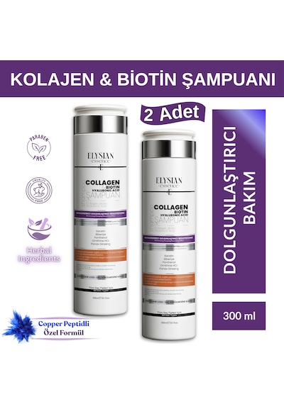 Elysian Essence Kolajen Collagen & Biotin & Hyaluronic Acid Şampuanı 2 Adet Copper Peptidli Nemlendirici, Dolgunlaştırıcı, Besleyici Bakım 300 Ml Tüm Saç Tipleri