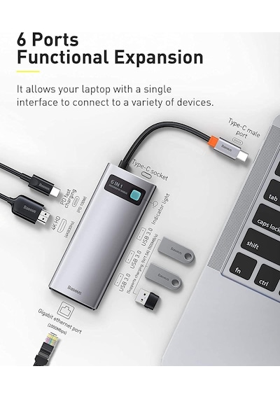 Lexroo Metal Gleam 6 İn 1, Çok Fonksiyonlu Bilgisayar/telefon Hub Adaptörü, Gri, Bağlantı Sayısı: 6