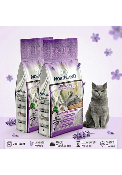 Northland Doğal Bentonite- Süper Topaklanan Lavanta Kokulu Kedi Kumu 10 Lt X 2 Adet