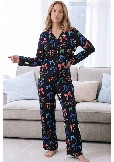 Siyah İnci Desenli Termal Kumaşlı Ultra Soft Yumuşak Düğmeli Örme Pijama Takımı 26226104 Siyah