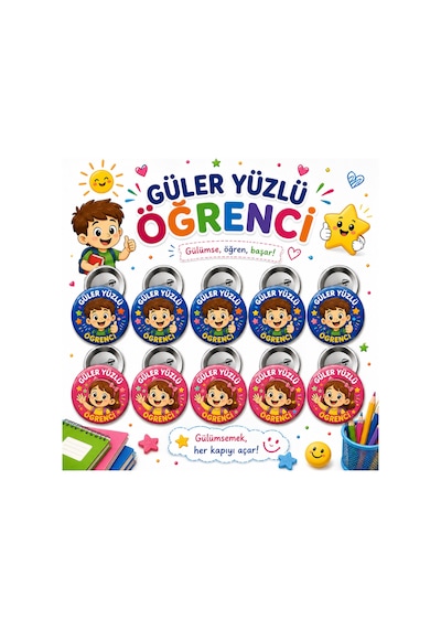 Güler Yüzlü Öğrenci 58 Mm İğneli Rozet 10 Adet - Öğrenci Başarı Ve Motivasyon Rozeti Çok Renkli