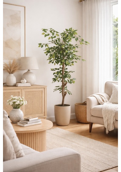 Soft Natura Ficus Benjamin Ağacı 140 Cm Bej Saksıda Doğal Görünümlü Dekoratif Yapay Ağaç