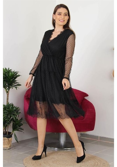 Neşeli Butik Kadın Kruvaze Yaka Eteği Güpür Detaylı Yeni Sezon Elbise Apcx10 Siyah