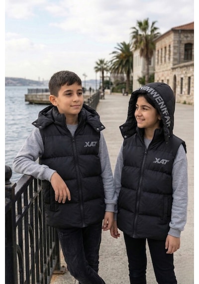 Pina Kids Unisex Çıtçıt Kapüşonlu Baskılı Şişme Yelek Siyah