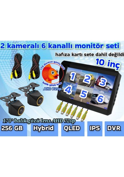2 Adet 4x3 Cm. Ahd 720p 170 Derece Balık Gözü Kamera 10 İnç 6 Kanallı Qled Ekran 12 V 256 Gb