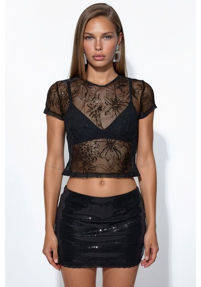 Hiccup Busem Çiçek Desenli Payetli Slim Fit Bluz Siyah
