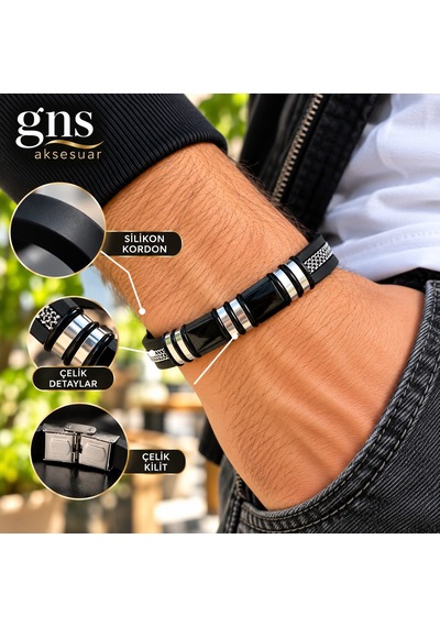 Çelik-silikon Mixli Kararmaz Trend Model Erkek Bileklik 22cm Gümüş - Siyah
