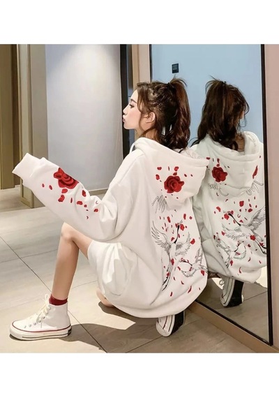 Tarzsokak Özel Tasarım Kapüşonlu Fermuarlı Red Rose Baskılı Süper Oversize Kadın Ceket-sweats Beyaz Beyaz