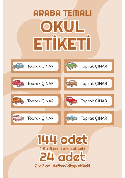 Araba Temalı Isimli Okul Etiketi Defter Kitap Kalem Sticker Seti