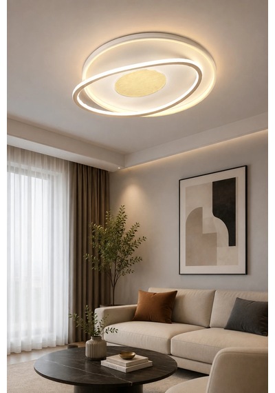Modern Led Avize Işıklı Avize Beyaz Salon Oturma Odası Yatak Odası 100w 3 Renk Işık 50 Cm