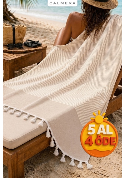 Calmera Çizgili Peştemal Pamuk - Doğal Saçaklı Plaj, Deniz, Havuz, Spa, Sauna, Spor, Seyahat Havlu - Bej