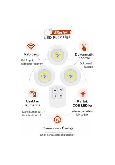 Kablosuz Led Dokunmatik Işık Seti 3 Lü , Uzaktan Kumandalı, Beyaz Işık, Ayarlanabilir Parlaklı Diğer