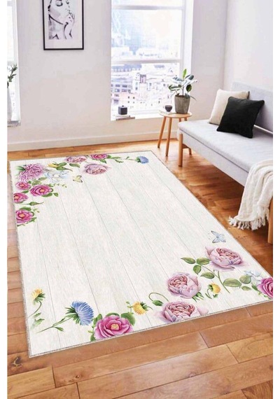Pembe Çiçekli Kaymaz Tabanlı Makinede Yıkanabilir Halı Mx05n11