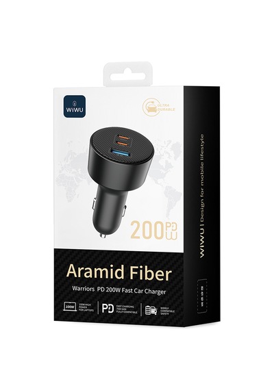 Wiwu Wi-cc026 Hızlı Şarj Özellikli Pd Type-c + Usb-a Portlu Aramid Fiber Araç Şarj Aleti 200w Siyah
