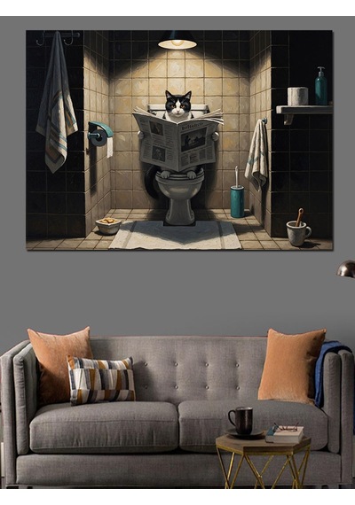 Gazete Okuyan Kedi Banyo Tablosu Dekoratif Kanvas - Mdf Ahşap Tablo