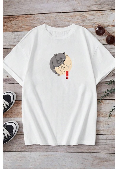 Unisex Kedi Baskılı T-shirt Beyaz