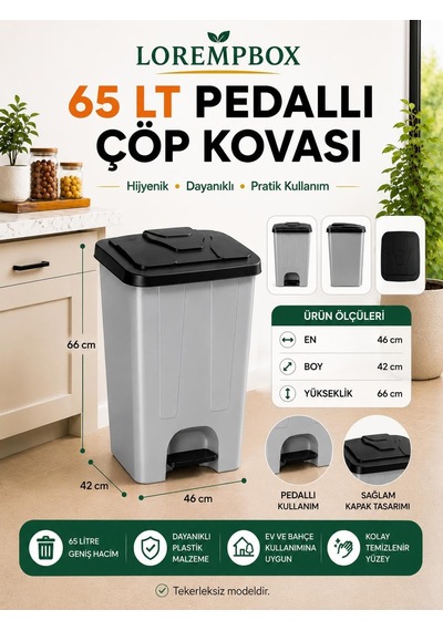 Lorempbox 65 Lt Pedallı Çöp Kovas Koyu Gri Siyah