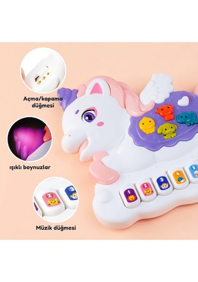 Eğitici Müzikli Ve Işıklı Unicorn Piyano - Hayvan Sesli Bebek Oyuncağı - Gelişim Destekleyici Hediye