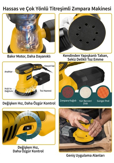 Steiner 700w 6 Kademe Devir Ayarlı 125mm Toz Toplama Sistemli Eksantrik Zımpara Makinesi Sarı