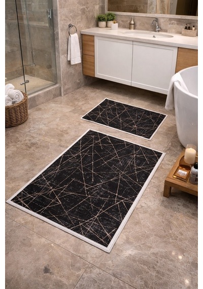 Modern Çizgili Çerçeve Banyo Paspası Kaydırmaz Tabanlı Yumuşak 2 Li Set Siyah