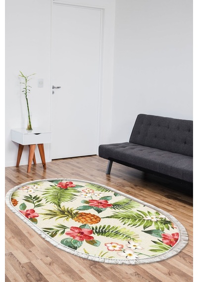 Dijital Baskılı Oval Salon Halısı Kaymaz Yıkanabilir Keçe Taban Saçaklı Çiçekli S5025 krem