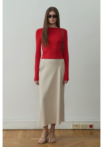Suud Collection Bej Leda Beli Lastikli Midi Etek