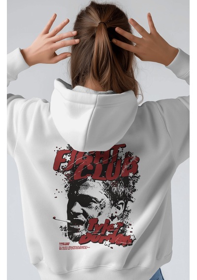 Sevbano Tasarım Fight Club Tyler Durden Film Sırt Baskılı Unisex Oversize beyaz