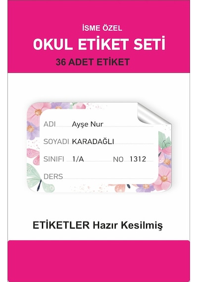 Kitap Defter Sticker 36 Adet Hazır Kesilmiş Okul Etiketi İsme Öze Pembe