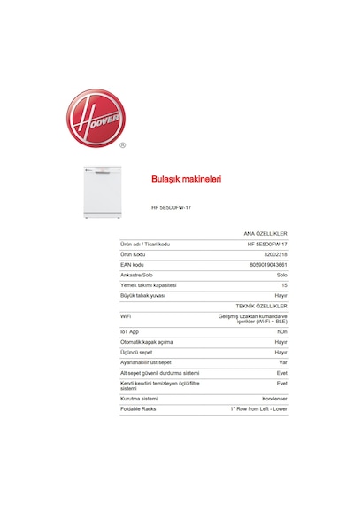 Hoover HF 5E5D0FW-17 Wi-Fi Bluetooth 9 Programlı 15 Kişilik Bulaşık Makinesi