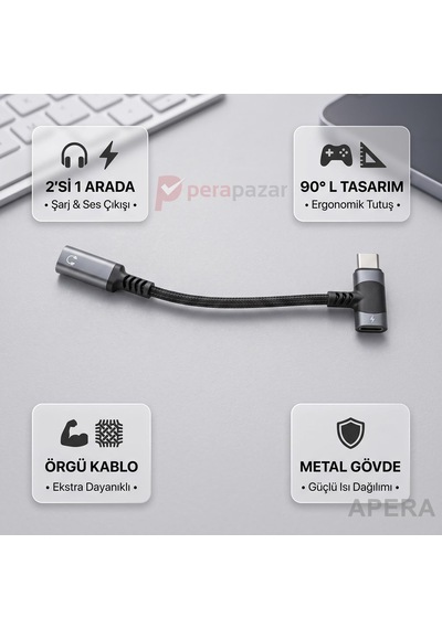 Tr Type-c Kulaklık Ve Şarj Dönüştürücü L Tipi Çoğaltıcı Kablo Örgülü 3.5mm Ses Ve Güç Adaptörü Cn03