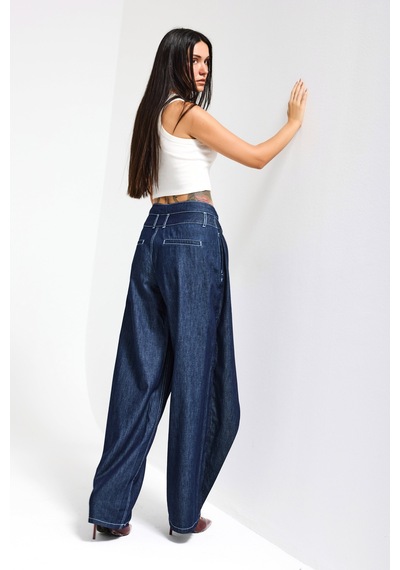 Itsbasic Kadın İndigo Bol Kesim Balon Fit Çift Pantolon Detaylı Özel Tasarım Denim Jean