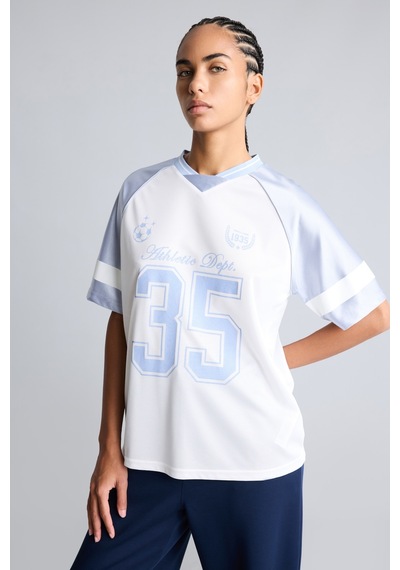Defacto Oversize V Yaka Raglan Kol Baskılı Sporcu Tül Tişört I3135ax26auer105 Ekru-er105