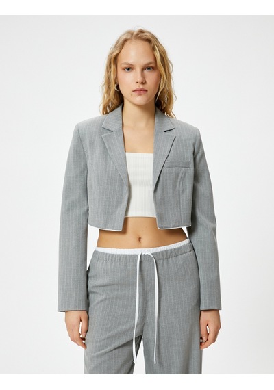 Koton Crop Blazer Ceket Fleto Cepli Viskon Karışımlı Gri Çizgili 4sak50128uw Gri