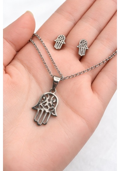 Paslanmaz Çelik Hamsa El Kolye Küpe Seti Gümüş Renk Unisex Takı Altın - Gümüş