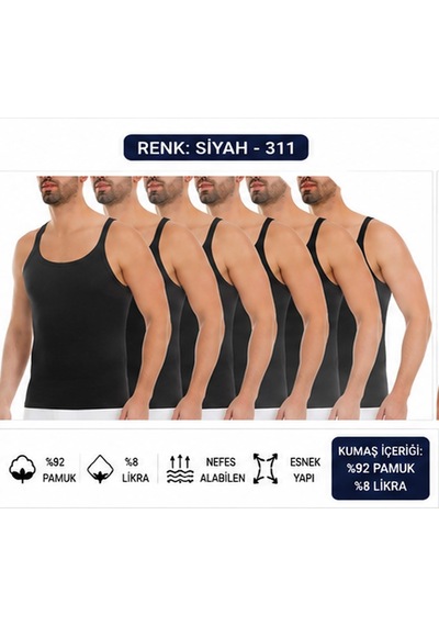 Yıldız Çamaşır Erkek Kaşkorse Likralı İnce Askılı Atlet 310-311-312 - 6 Adet Siyah